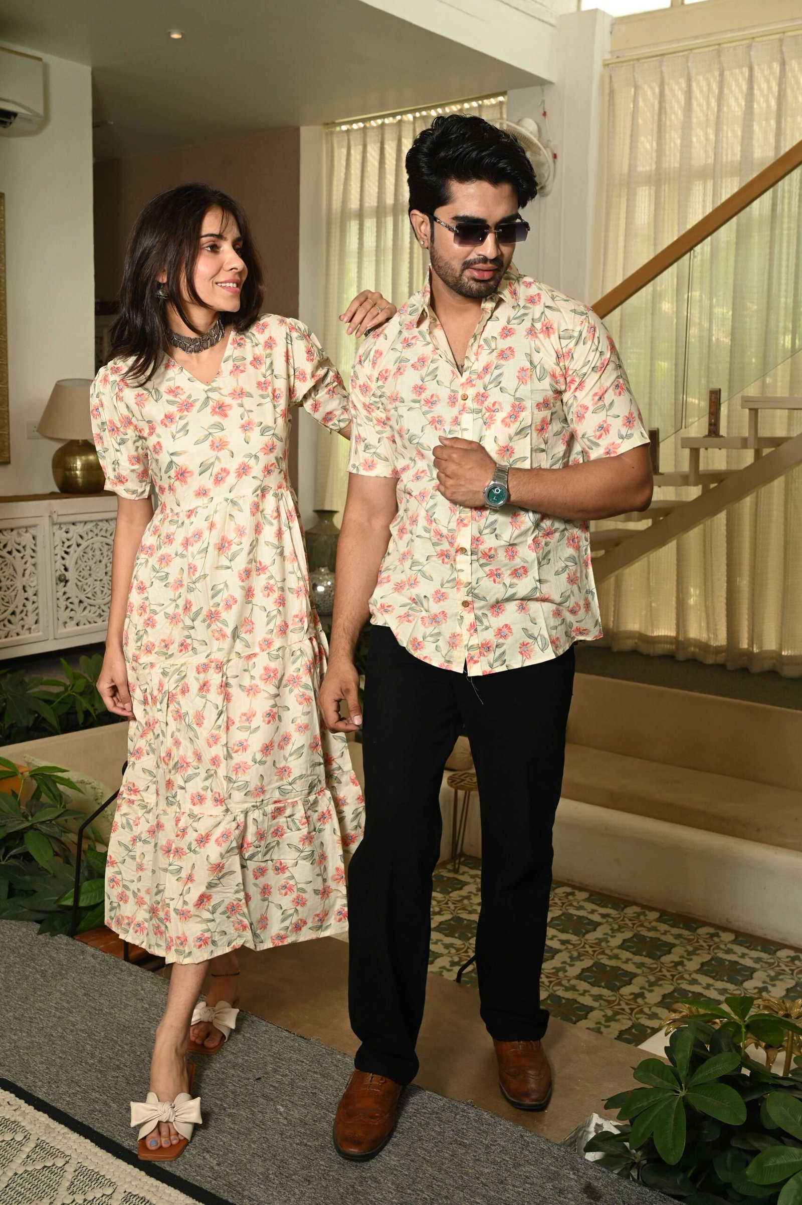 Couple Matching Cream floral Cotton Printed Anarkali Midi Dress & Shirt Set ? Casual & Festive Wear - Image 2